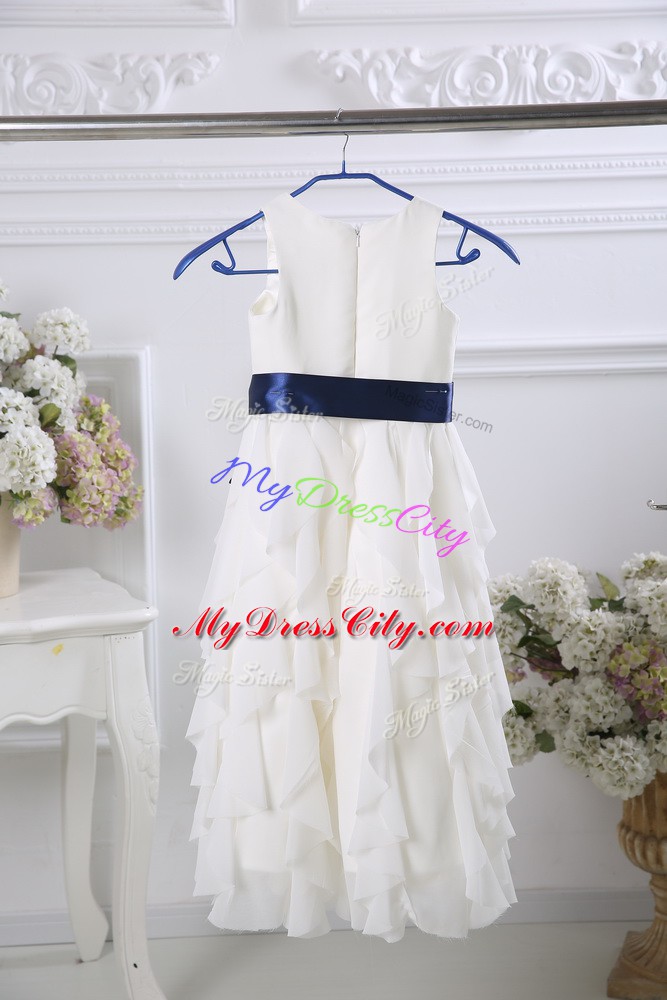 Floor Length White Toddler Flower Girl Dress Chiffon Sleeveless Ruffles and Belt