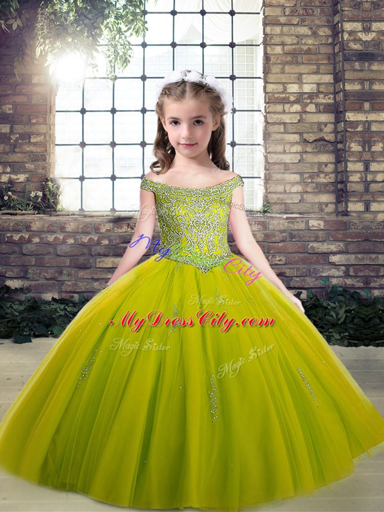 Sleeveless Floor Length Beading and Appliques Lace Up Child Pageant Dress with Olive Green