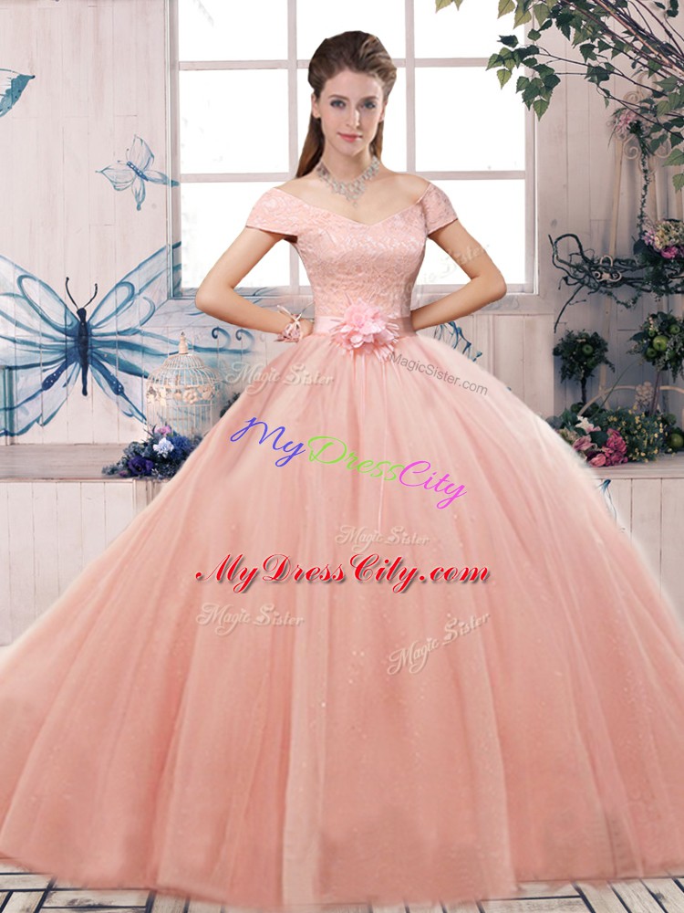 Pink Off The Shoulder Lace Up Lace and Hand Made Flower Quinceanera Gown Short Sleeves