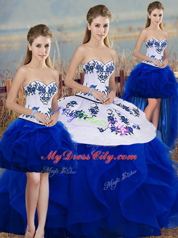 Royal Blue Sleeveless Embroidery and Ruffles and Bowknot Floor Length Quinceanera Gowns