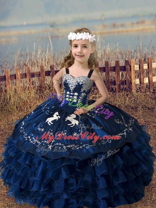 Straps Sleeveless Kids Formal Wear Floor Length Embroidery and Ruffled Layers Navy Blue Organza