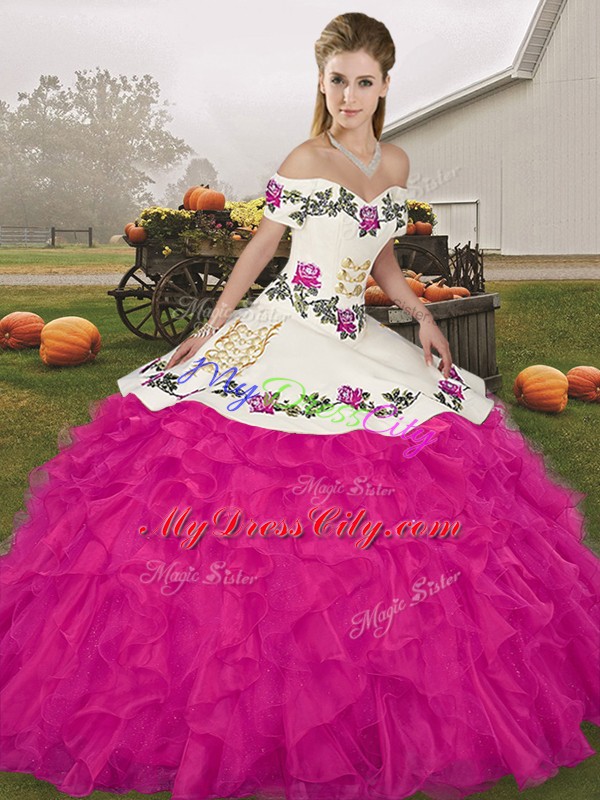 Elegant Fuchsia Organza Lace Up Sweet 16 Quinceanera Dress Sleeveless Floor Length Embroidery and Ruffles