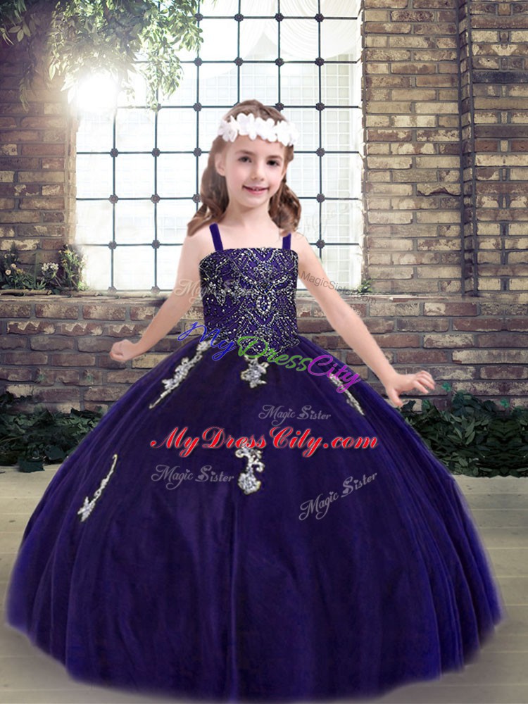 Purple Ball Gowns Tulle Straps Sleeveless Appliques Floor Length Lace Up Pageant Dress Womens