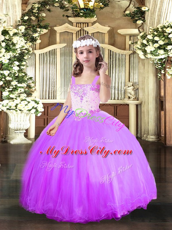 Popular Lavender Sleeveless Tulle Lace Up Little Girl Pageant Gowns for Party and Sweet 16 and Wedding Party