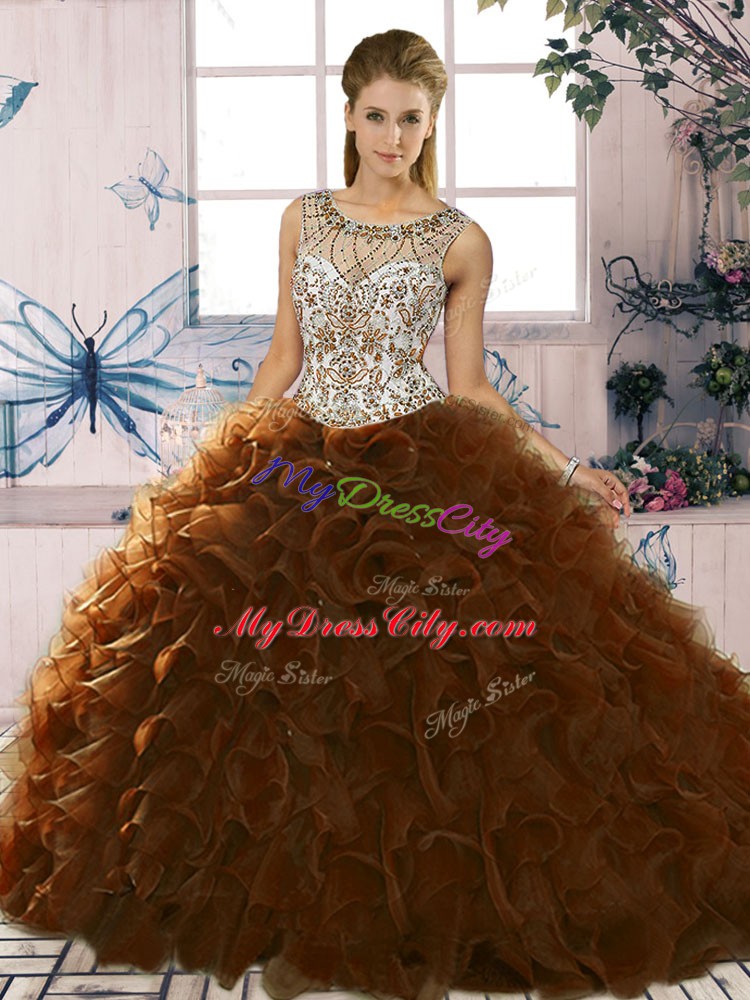 Suitable Floor Length Ball Gowns Sleeveless Brown Quinceanera Gowns Lace Up