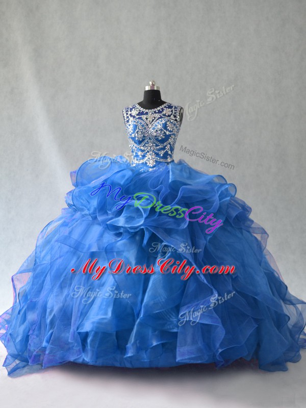 Cute Blue Organza Lace Up Quinceanera Dress Sleeveless Floor Length Beading and Ruffles