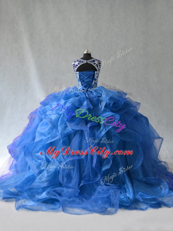 Cute Blue Organza Lace Up Quinceanera Dress Sleeveless Floor Length Beading and Ruffles