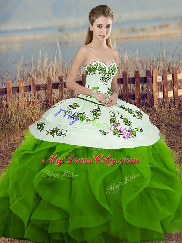 Green Sleeveless Floor Length Embroidery and Ruffles and Bowknot Lace Up Quinceanera Gowns