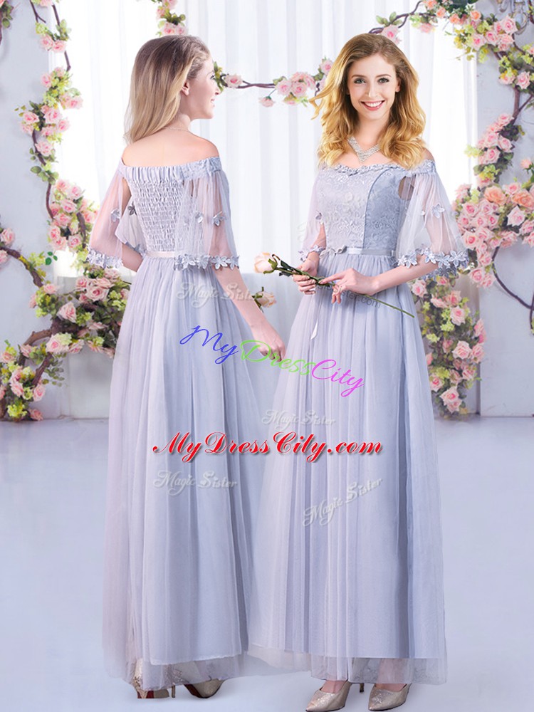 Grey Half Sleeves Floor Length Lace and Belt Side Zipper Wedding Guest Dresses