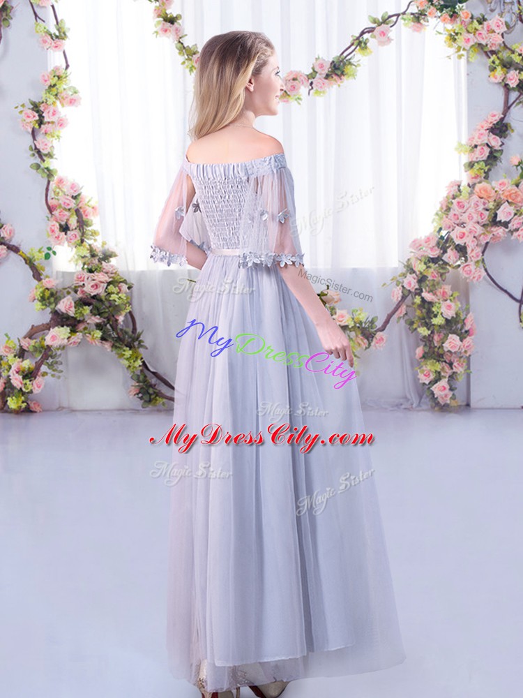 Grey Half Sleeves Floor Length Lace and Belt Side Zipper Wedding Guest Dresses