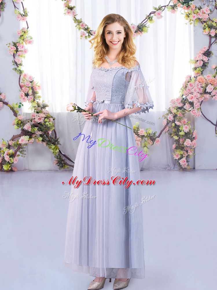 Grey Half Sleeves Floor Length Lace and Belt Side Zipper Wedding Guest Dresses