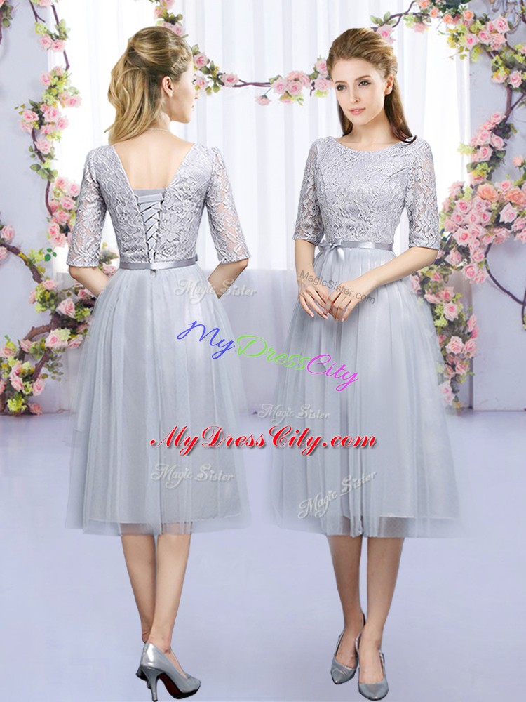 Grey Empire Tulle Scoop Half Sleeves Lace and Belt Tea Length Lace Up Wedding Party Dress