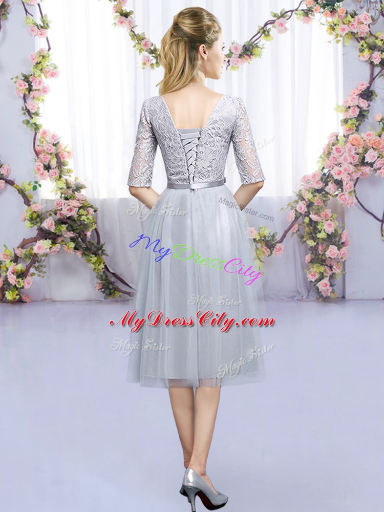 Grey Empire Tulle Scoop Half Sleeves Lace and Belt Tea Length Lace Up Wedding Party Dress