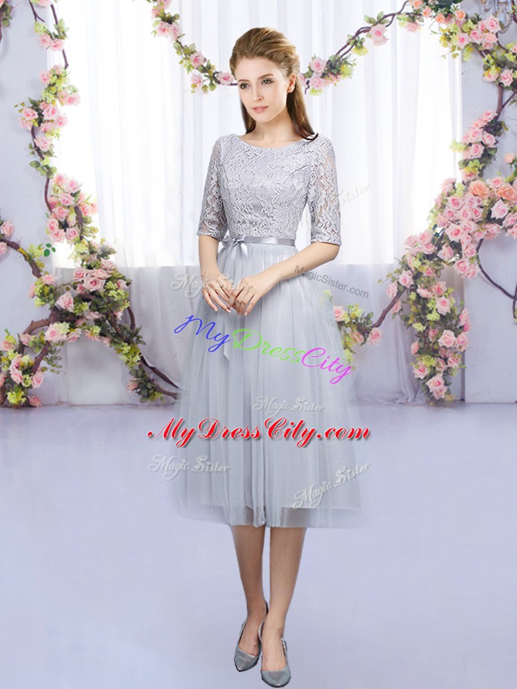 Grey Empire Tulle Scoop Half Sleeves Lace and Belt Tea Length Lace Up Wedding Party Dress