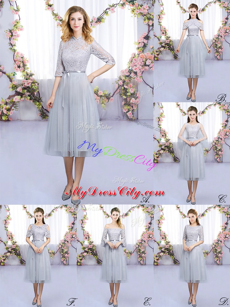 Super Grey Zipper High-neck Lace and Belt Quinceanera Dama Dress Tulle Half Sleeves