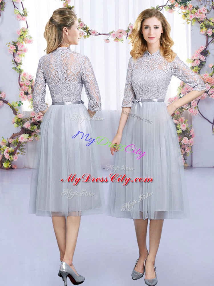 Super Grey Zipper High-neck Lace and Belt Quinceanera Dama Dress Tulle Half Sleeves