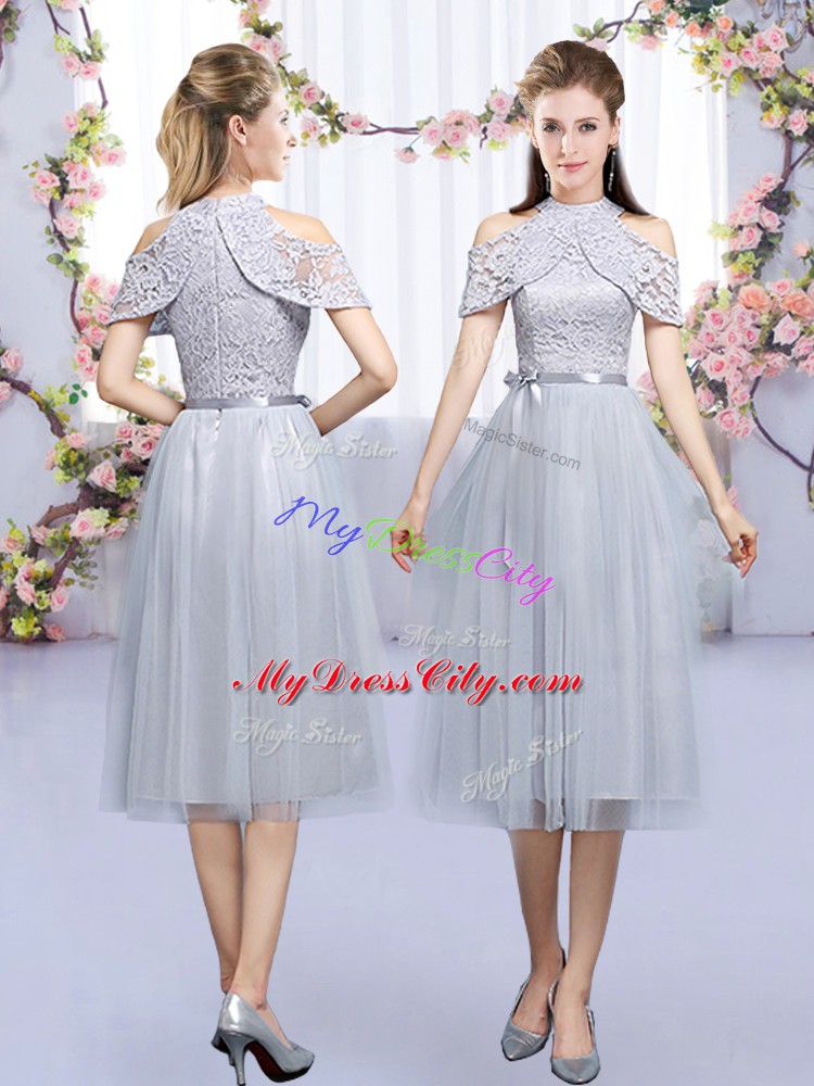 Super Grey Zipper High-neck Lace and Belt Quinceanera Dama Dress Tulle Half Sleeves