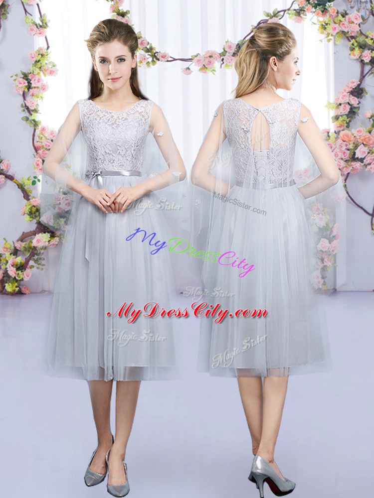 Super Grey Zipper High-neck Lace and Belt Quinceanera Dama Dress Tulle Half Sleeves