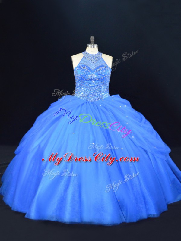 Blue Lace Up 15 Quinceanera Dress Beading Sleeveless Floor Length