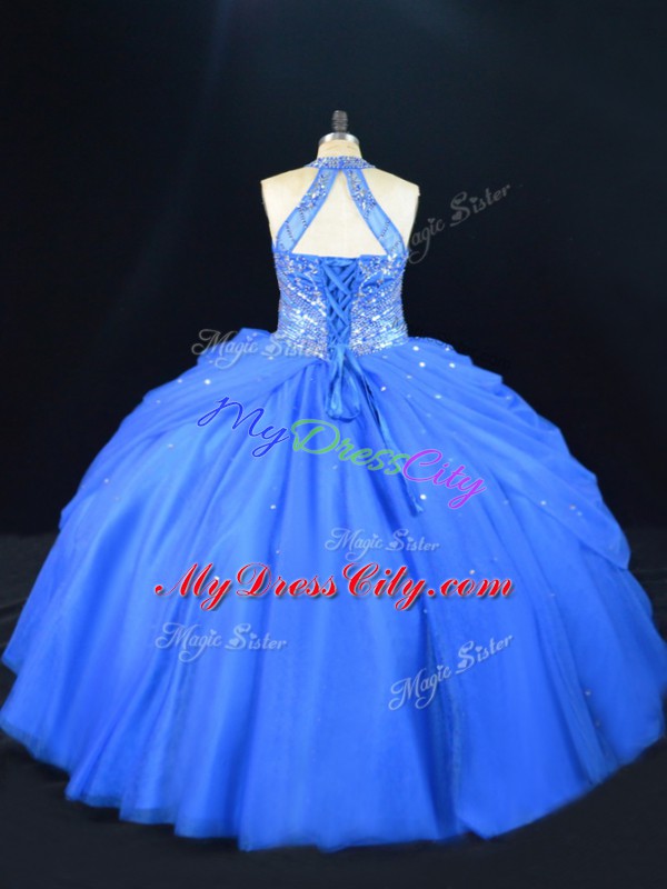 Blue Lace Up 15 Quinceanera Dress Beading Sleeveless Floor Length