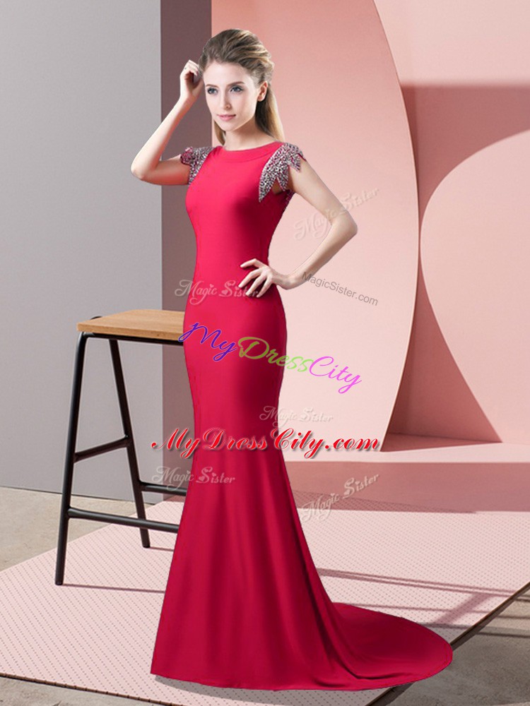 Coral Red Backless High-neck Beading Going Out Dresses Elastic Woven Satin Short Sleeves Brush Train