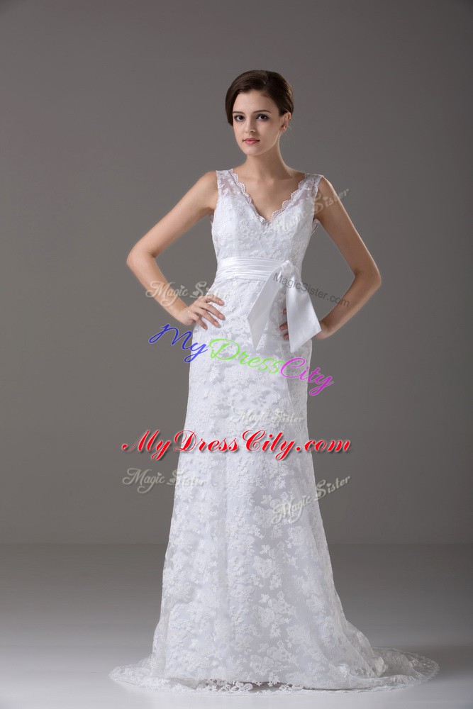 White Column/Sheath Lace V-neck Sleeveless Lace and Belt Backless Bridal Gown Brush Train