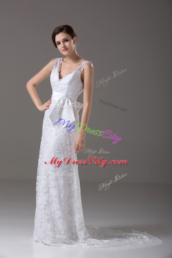 White Column/Sheath Lace V-neck Sleeveless Lace and Belt Backless Bridal Gown Brush Train