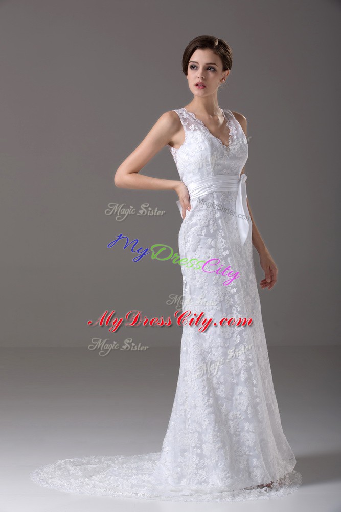 White Column/Sheath Lace V-neck Sleeveless Lace and Belt Backless Bridal Gown Brush Train