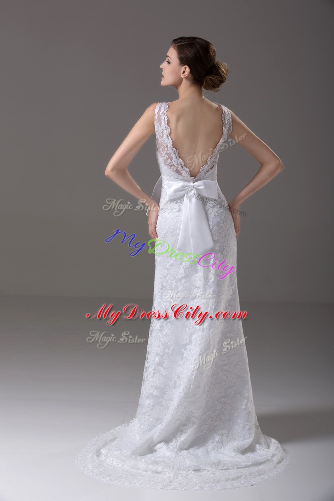 White Column/Sheath Lace V-neck Sleeveless Lace and Belt Backless Bridal Gown Brush Train