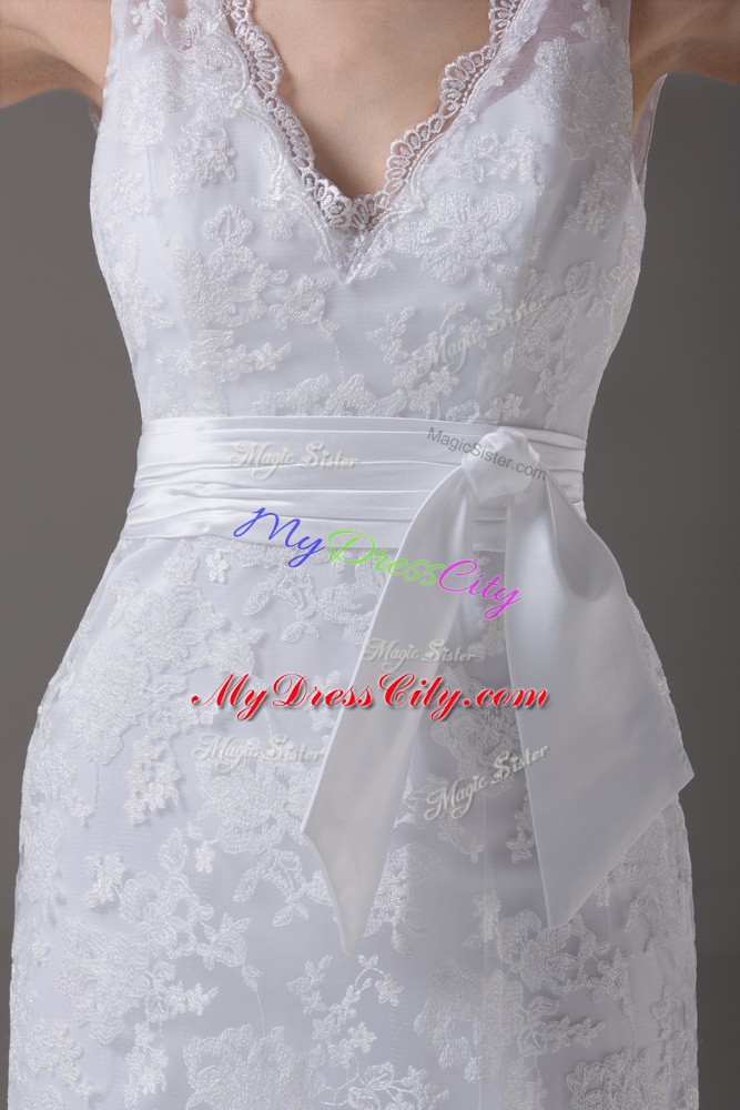 White Column/Sheath Lace V-neck Sleeveless Lace and Belt Backless Bridal Gown Brush Train