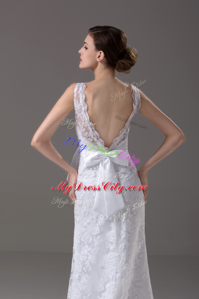 White Column/Sheath Lace V-neck Sleeveless Lace and Belt Backless Bridal Gown Brush Train