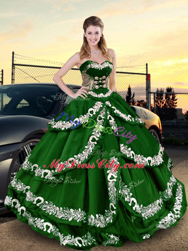 Low Price Satin Sweetheart Sleeveless Lace Up Appliques and Ruffled Layers Quince Ball Gowns in Dark Green