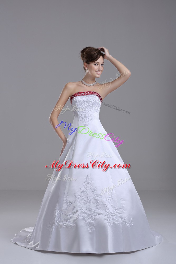 Deluxe White Lace Up Strapless Beading and Embroidery Wedding Dresses Satin Sleeveless Brush Train