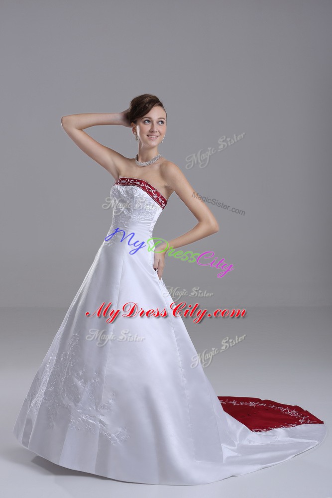 Deluxe White Lace Up Strapless Beading and Embroidery Wedding Dresses Satin Sleeveless Brush Train