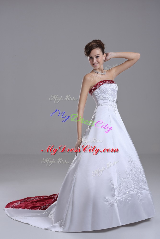 Deluxe White Lace Up Strapless Beading and Embroidery Wedding Dresses Satin Sleeveless Brush Train