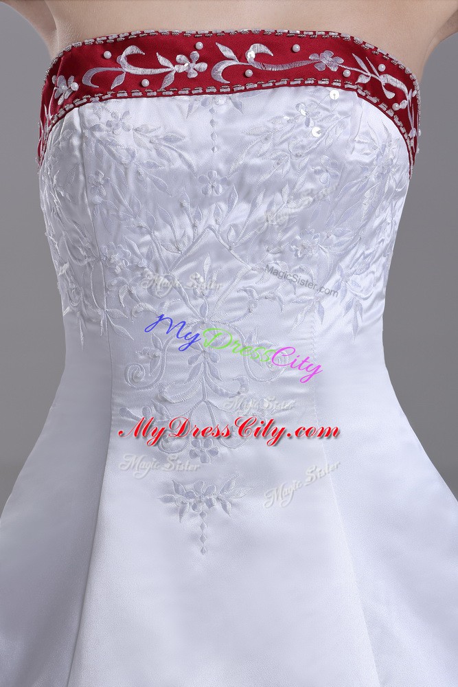 Deluxe White Lace Up Strapless Beading and Embroidery Wedding Dresses Satin Sleeveless Brush Train