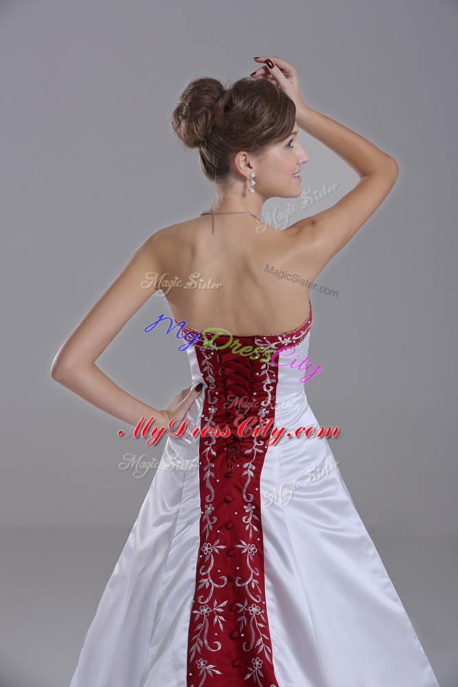 Deluxe White Lace Up Strapless Beading and Embroidery Wedding Dresses Satin Sleeveless Brush Train