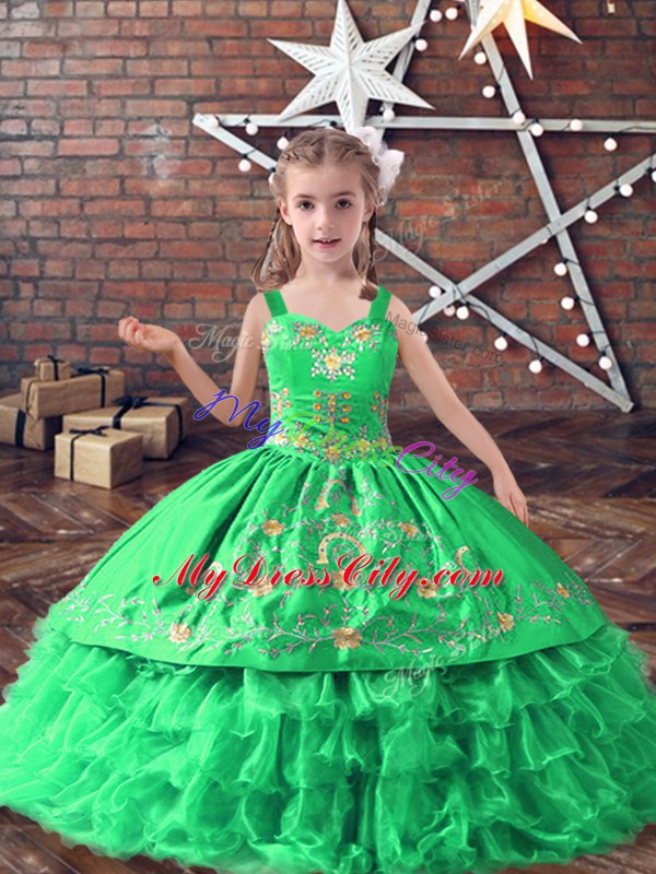 Green Sleeveless Floor Length Embroidery and Ruffled Layers Lace Up Pageant Dress for Teens