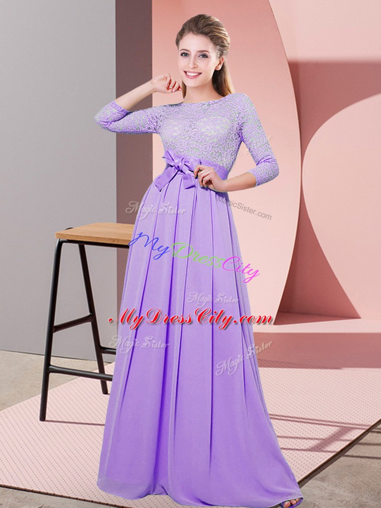 Graceful 3 4 Length Sleeve Chiffon Floor Length Side Zipper Wedding Guest Dresses in Lavender with Lace and Belt