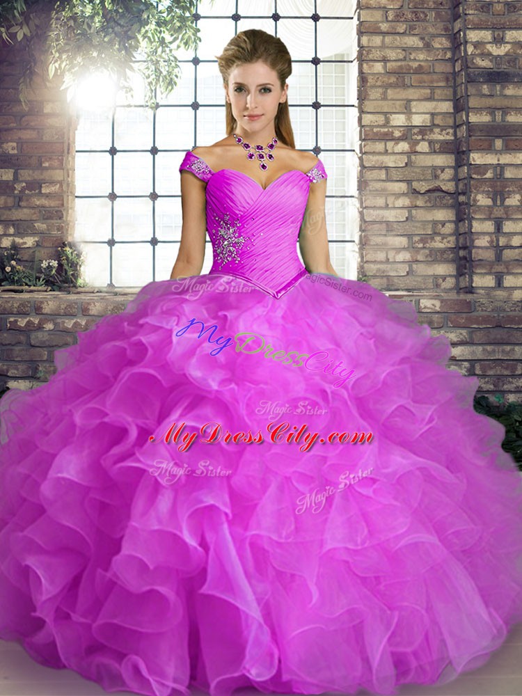 Lilac Ball Gowns Beading and Ruffles Sweet 16 Quinceanera Dress Lace Up Organza Sleeveless Floor Length