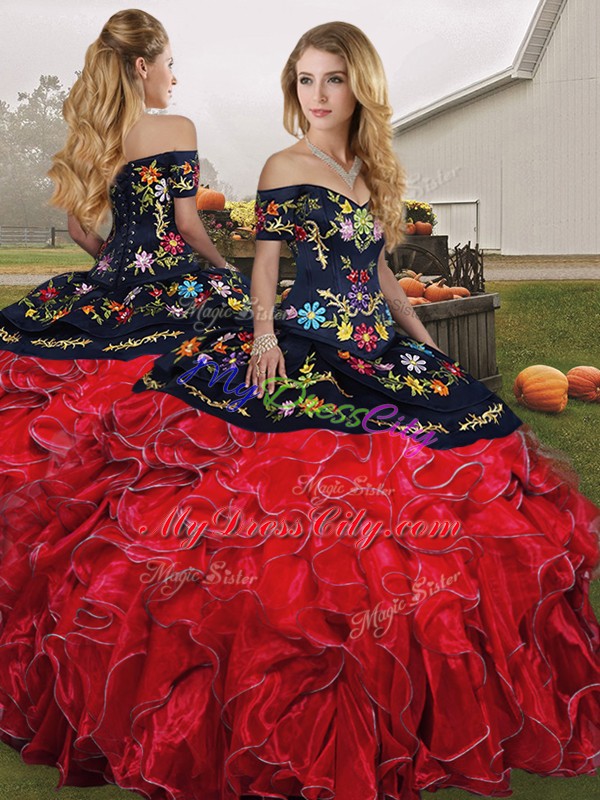 Unique Red And Black Lace Up 15 Quinceanera Dress Embroidery and Ruffles Sleeveless Floor Length