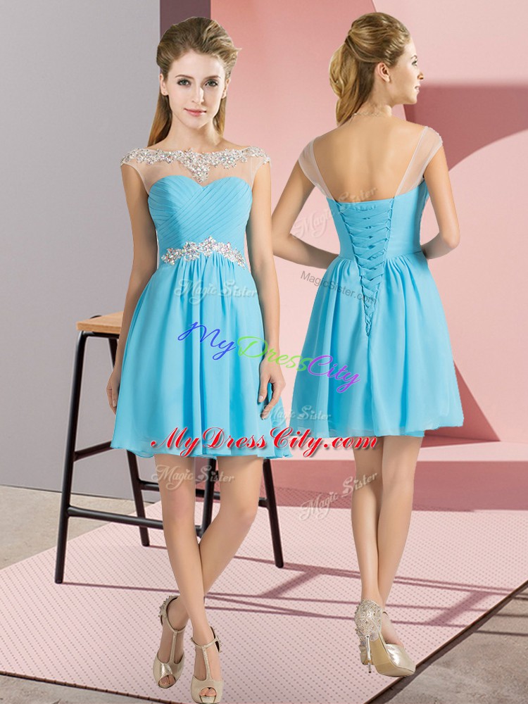 New Arrival Aqua Blue Cap Sleeves Mini Length Beading Lace Up Vestidos de Damas