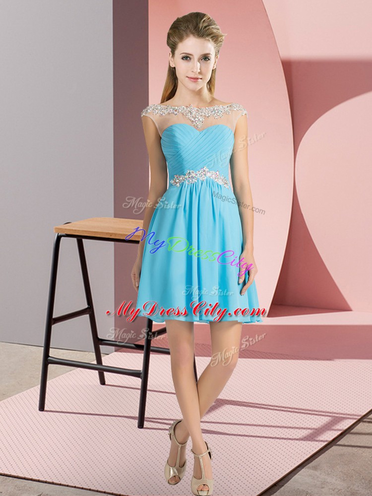 New Arrival Aqua Blue Cap Sleeves Mini Length Beading Lace Up Vestidos de Damas