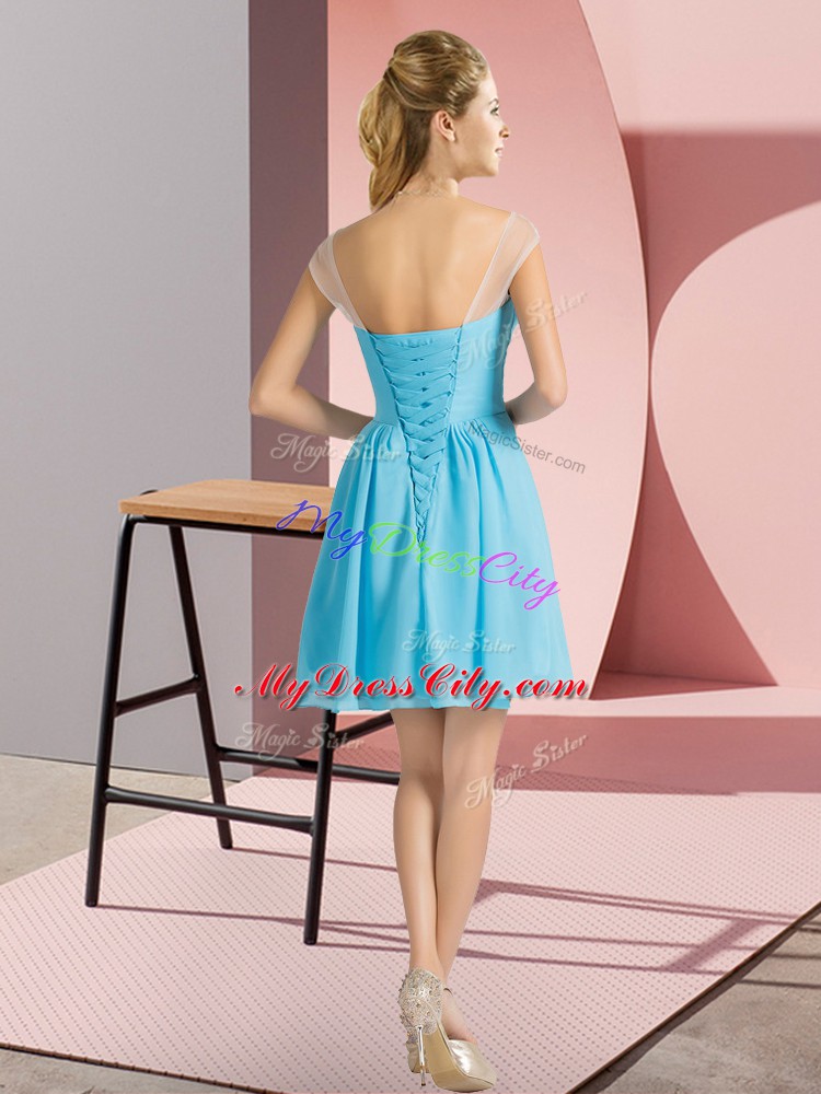 New Arrival Aqua Blue Cap Sleeves Mini Length Beading Lace Up Vestidos de Damas