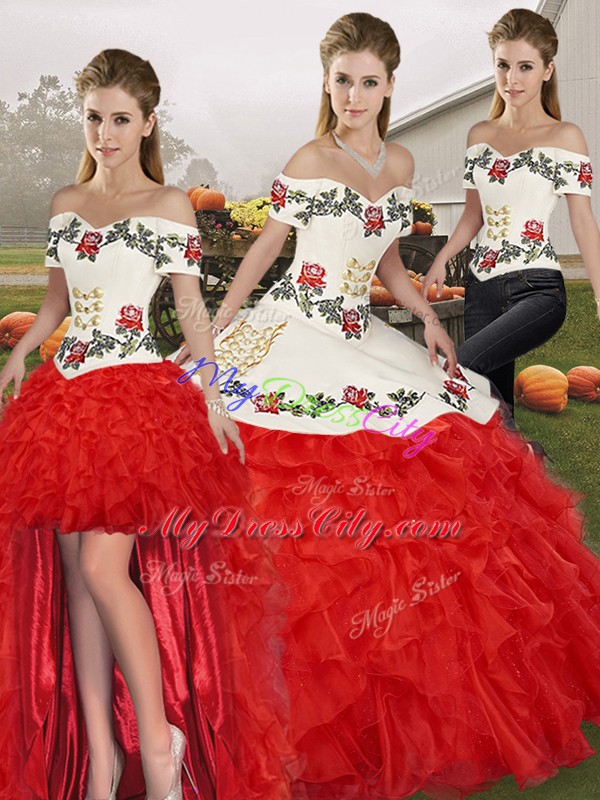 Floor Length White And Red Quinceanera Dress Off The Shoulder Sleeveless Lace Up