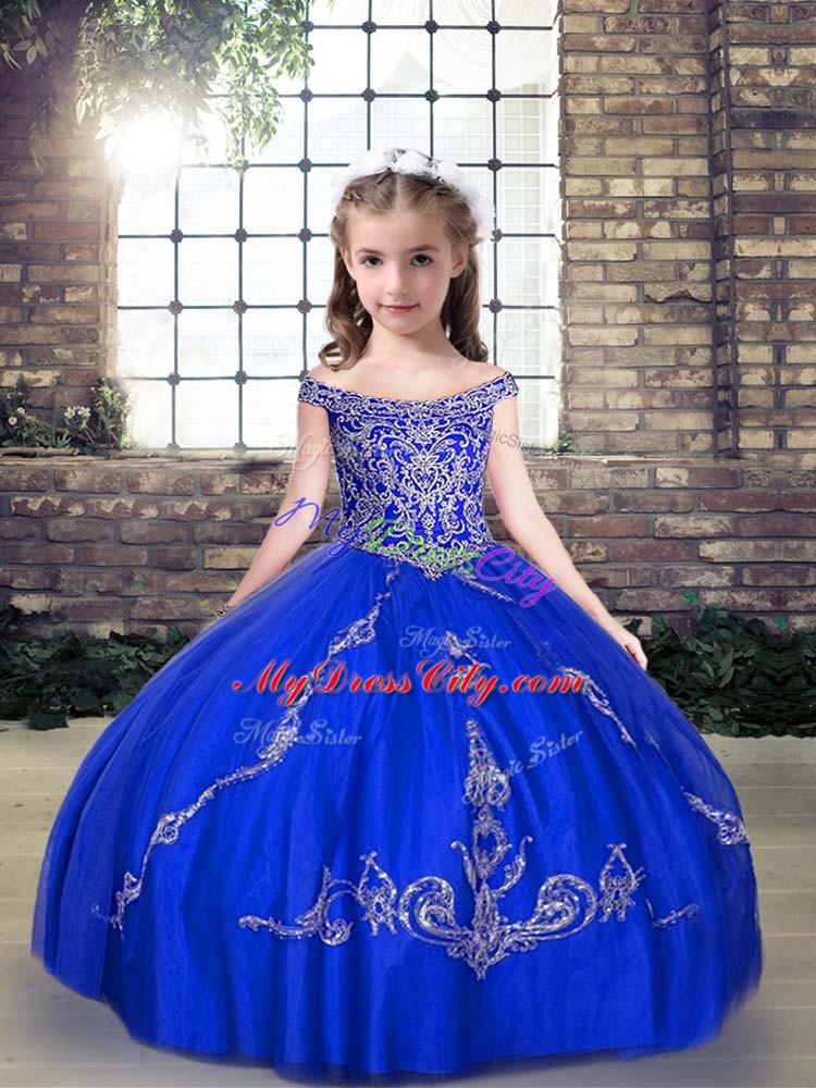 Classical Royal Blue Ball Gowns Tulle Off The Shoulder Sleeveless Beading Floor Length Lace Up Little Girls Pageant Dress