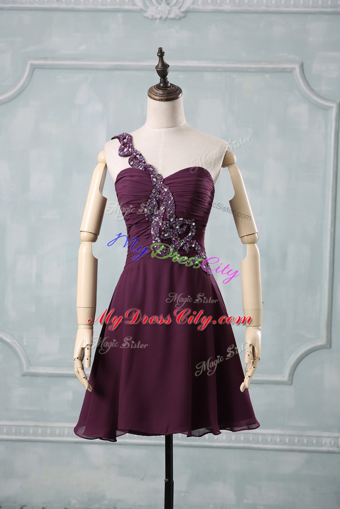 Sleeveless Beading and Ruching Zipper Red Carpet Gowns with Dark Purple