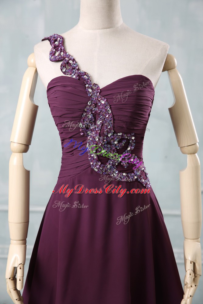 Sleeveless Beading and Ruching Zipper Red Carpet Gowns with Dark Purple