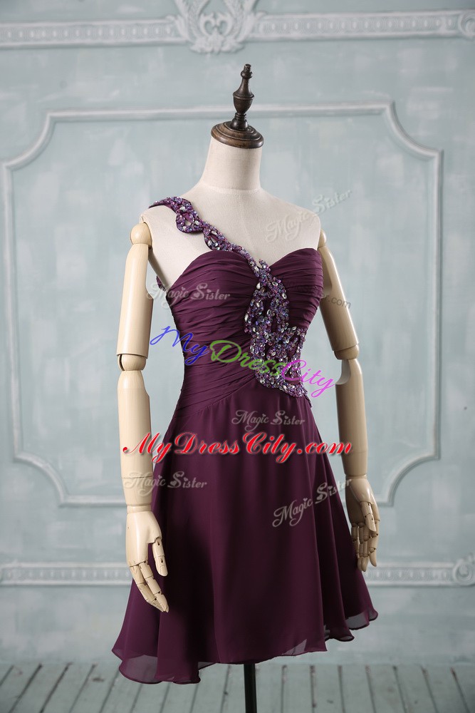 Sleeveless Beading and Ruching Zipper Red Carpet Gowns with Dark Purple