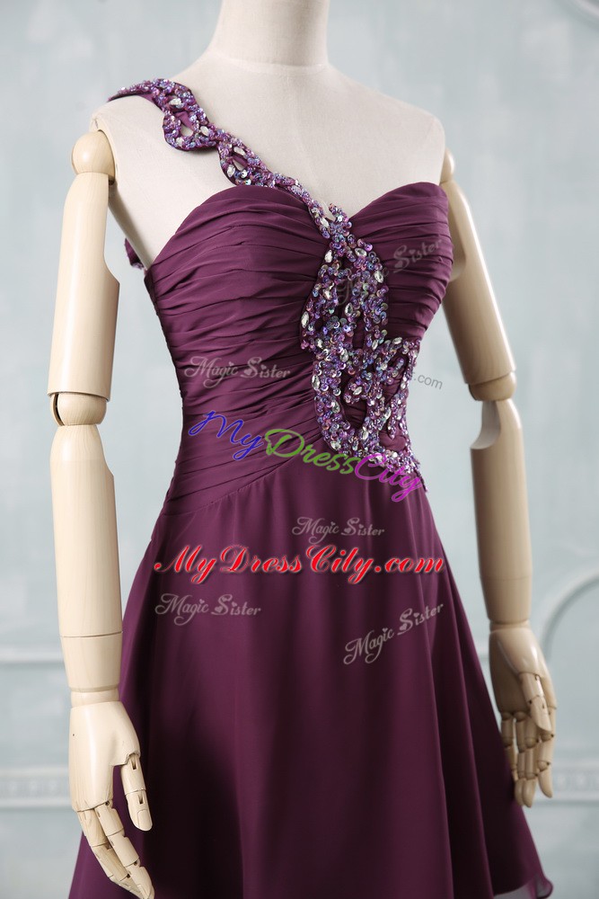 Sleeveless Beading and Ruching Zipper Red Carpet Gowns with Dark Purple